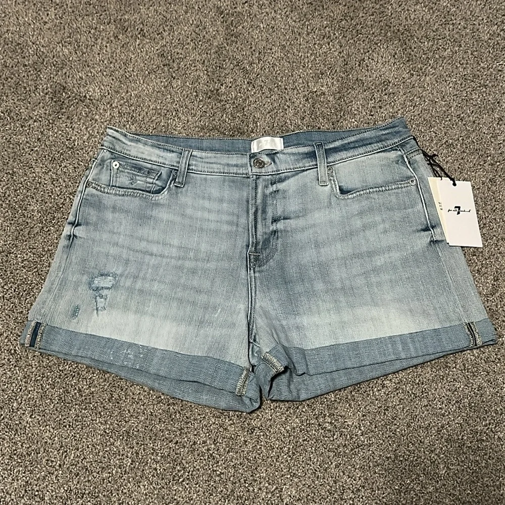 NWT 7 For All Mankind Cuffed Mid Roll Shorts 32 Broken Twill Coco Prive 7FAM - Picture 5 of 11